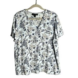 Lane Bryant Blue Floral V Neck Blouse With Short Flutter Sleeves Size 14